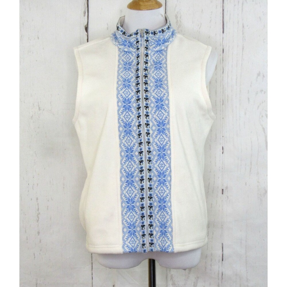 L.L. Bean Women's Ivory Nordic Fleece Vest Size L Full Zip Blue Fair Isle Trim